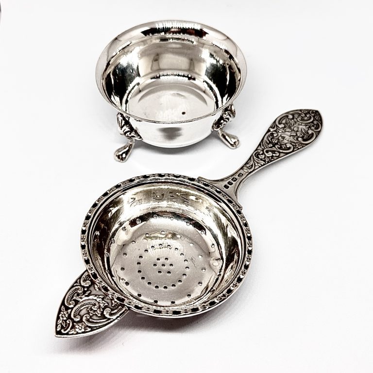 Silver Tea Strainer and Stand